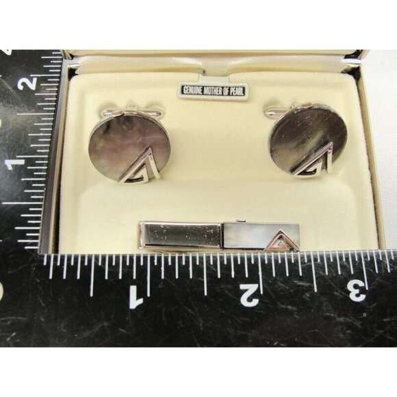 Vintage Swank MOP Round Set Silver Tone Cufflinks & Tie Clip Tux Shirt Suit - Picture 6 of 12